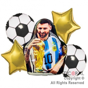 SET DE GLOBOS METALIZADO FUTBOL MESSI CON LA COPA DEL MUNDO 5 UNIDADES X 1